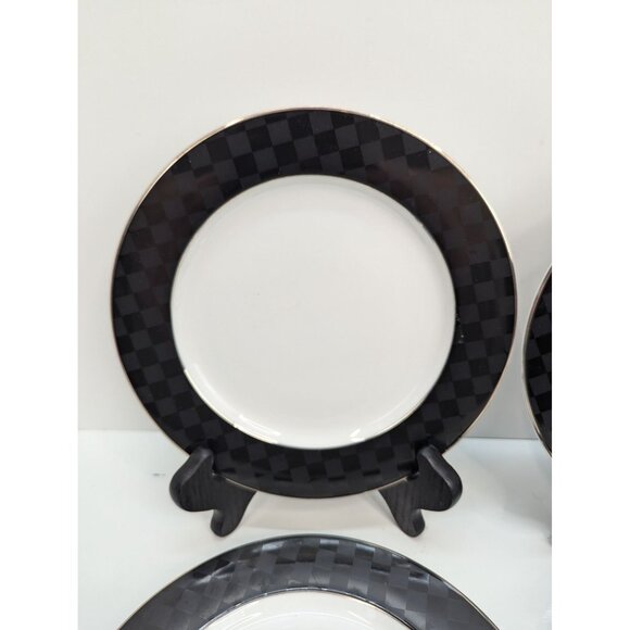 Nikko Fine China Black Tie Patra 8" Salad Plate Silver Trim Set of 4 - Picture 2 of 10